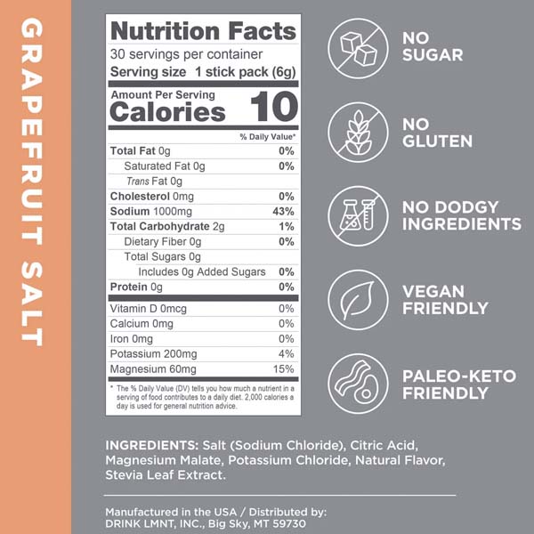 lmnt electrolyte drink mix grapefruit salt 30 count